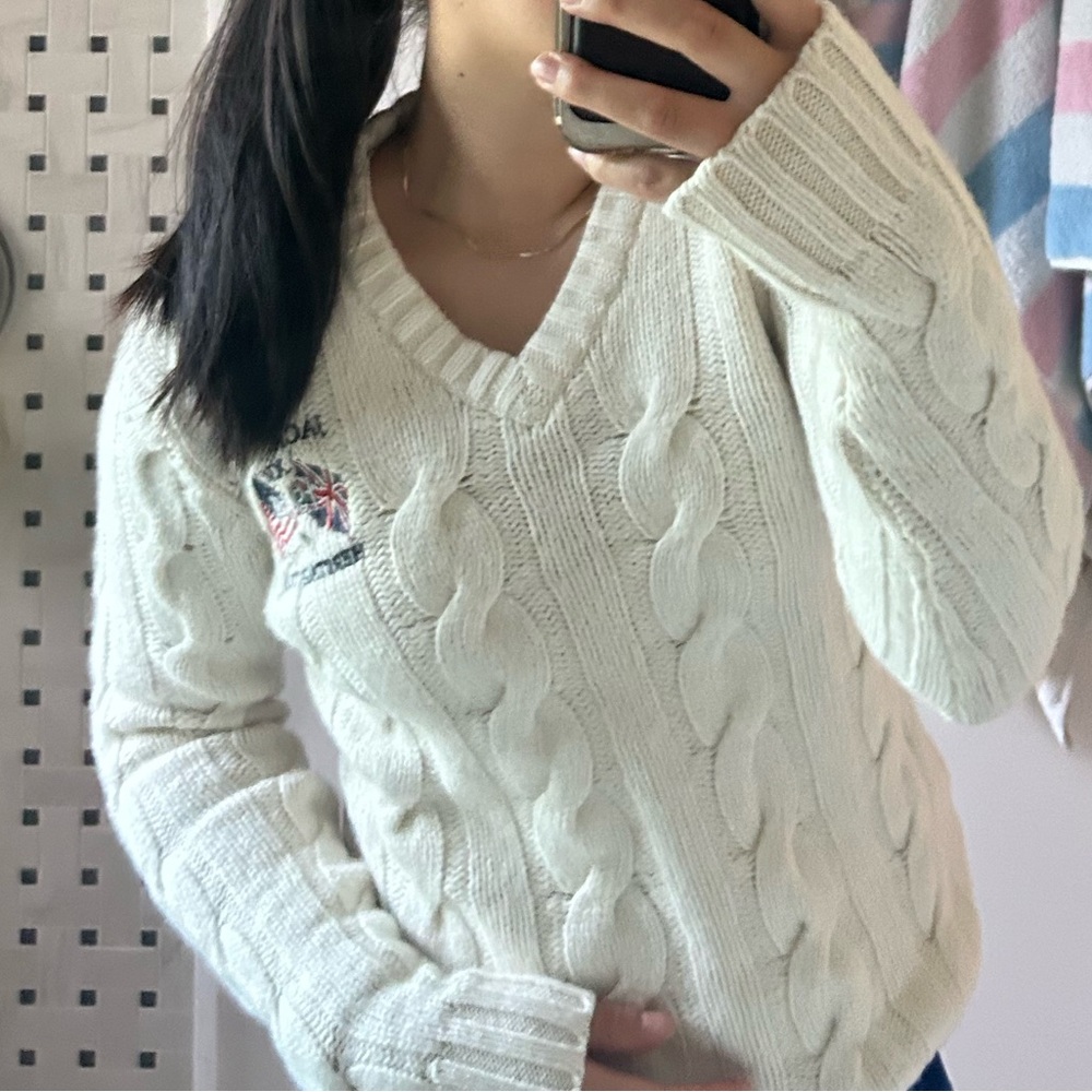 Jack Wills Cream V-Neck Sweater Medium Weight Knit